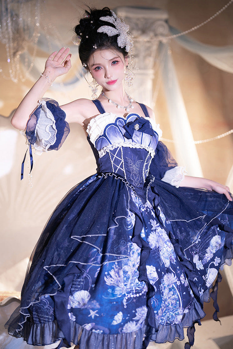 Blue [Deep Sea Jellyfish] Print Ruffle Lace Sweet Elegant Lolita Jsk Dress - Product - 2
