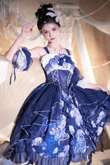 Blue [Deep Sea Jellyfish] Print Ruffle Lace Sweet Elegant Lolita Jsk Dress - Product - 2