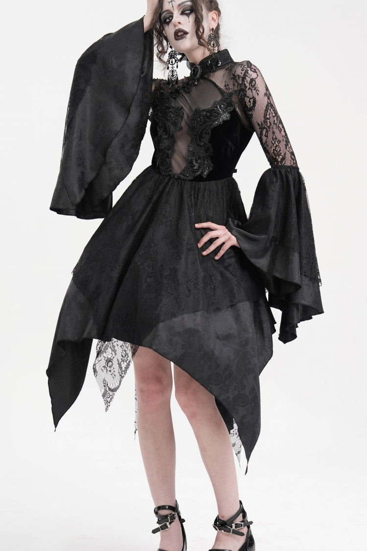 Black Long Sleeves Embroidery Lace Lace-Up Irregular Sheer Mesh Women's Gothic Dress - Product - 7