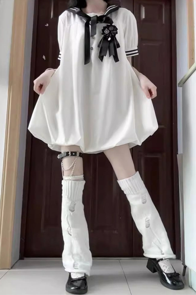 Black/White [Old Stories] Navy Collar Short Sleeves Bowknot Sweet Lolita Dress - Product - 3