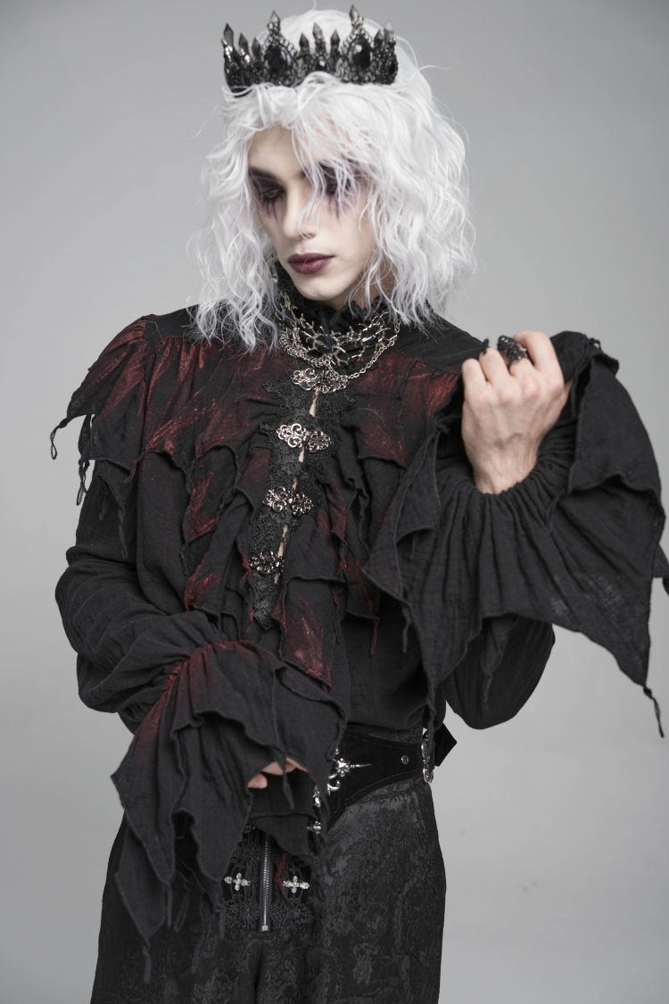 Black/Red Stand Collar Long Sleeves Ruffled Men's Gothic Plunging Shirt - Black/Red - 1