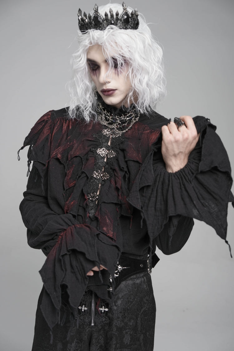 Black/Red Stand Collar Long Sleeves Ruffled Men's Gothic Plunging Shirt - Black/Red - 1