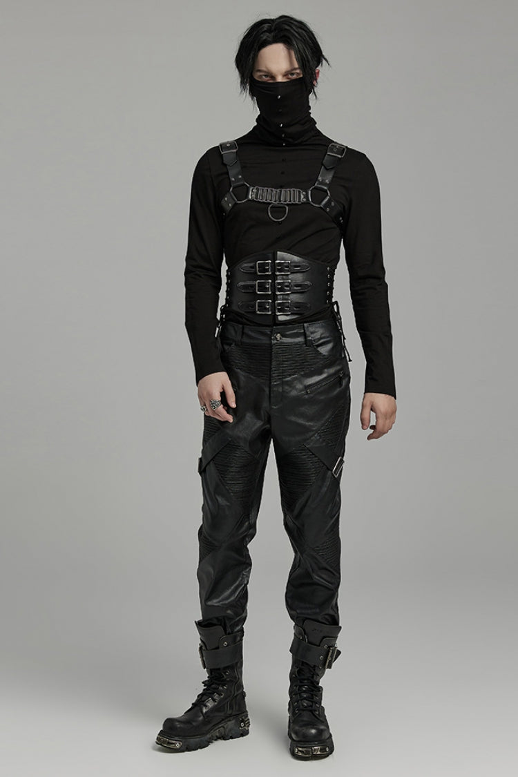 Black Lace-Up Double-buckle Men's Punk Girdle - Product - 4