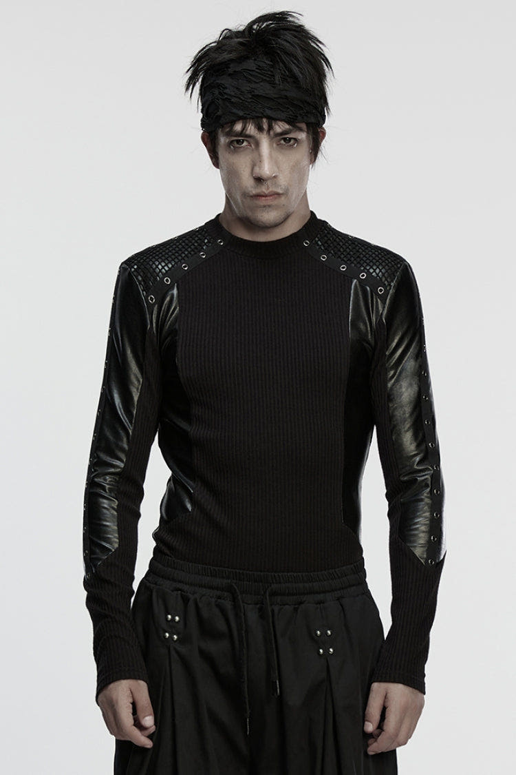 Black Round Collar Long Sleeves Spliced Eyelet Men's Punk T-Shirt - Black - 1