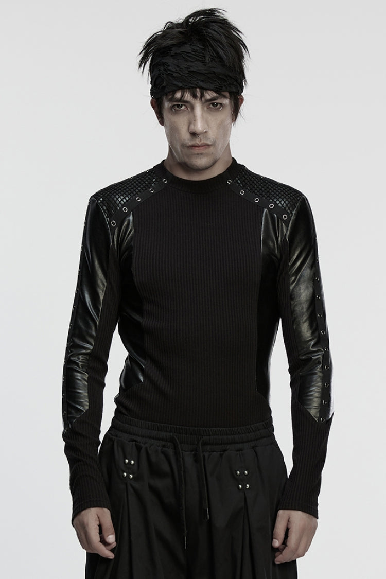 Black Round Collar Long Sleeves Spliced Eyelet Men's Punk T-Shirt - Black - 1