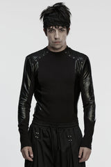 Black Round Collar Long Sleeves Spliced Eyelet Men's Punk T-Shirt - Black - 1