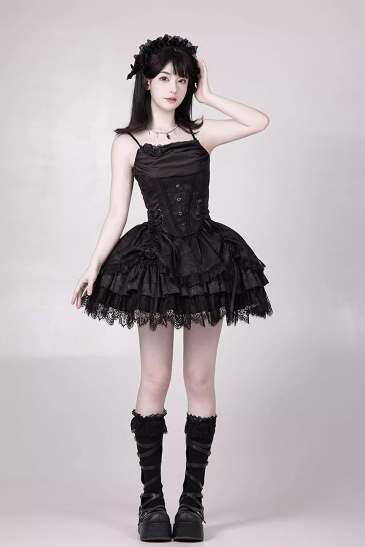 Black  [Letters & Poems · Twilight] Multi-Layered Jacquard Ruffled Witch Gothic Lolita Skirt 2 Versions - Product - 22