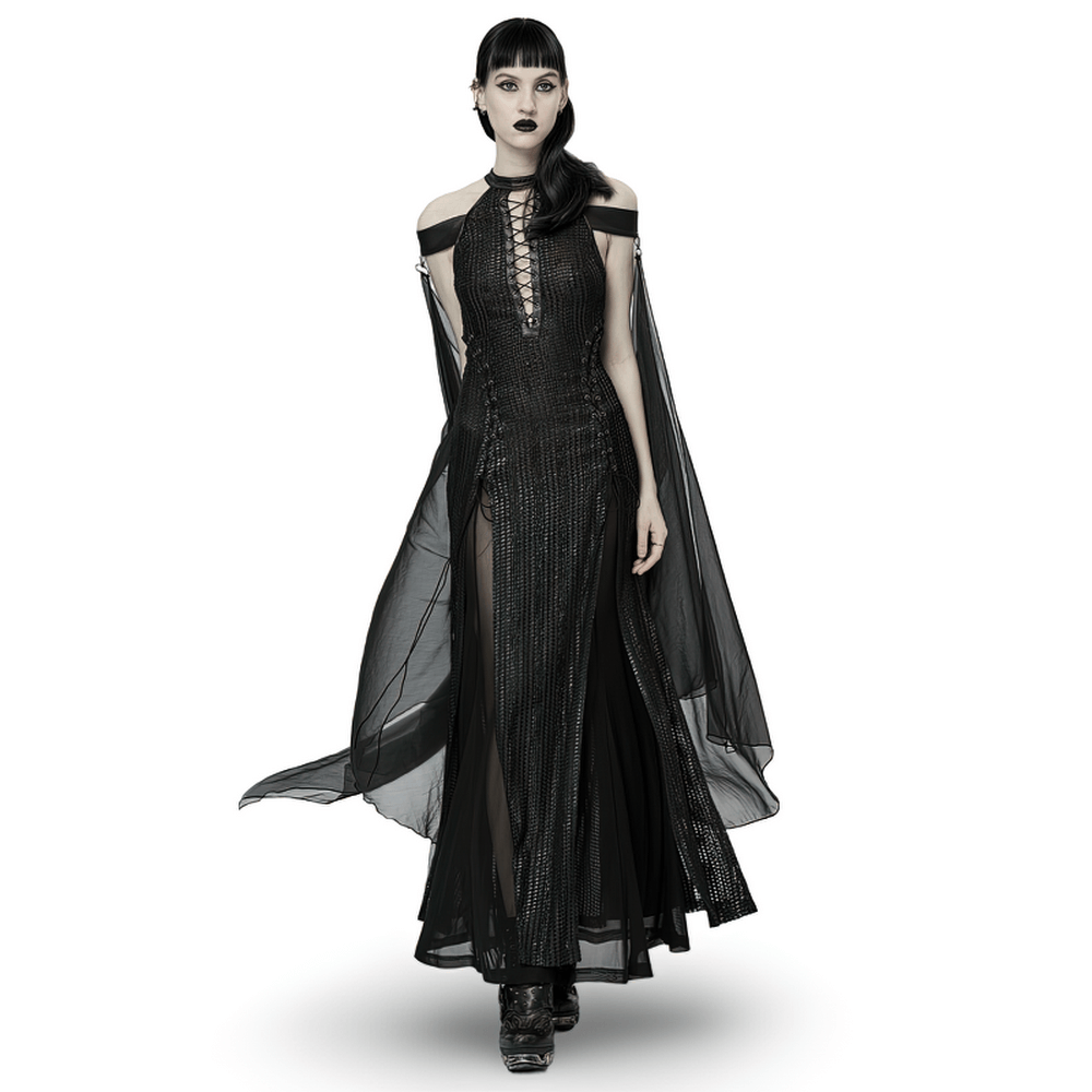 Dark Enchantress Mesh Halter Gown with Cloak - image 1