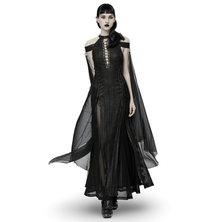 Dark Enchantress Mesh Halter Gown with Cloak - image 1