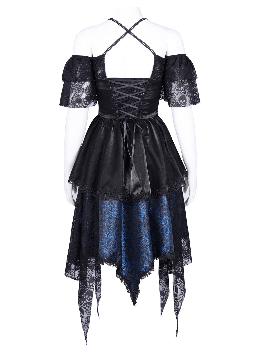 Gothic Lace and Satin Off-Shoulder Dress with Cross Detail - image 5