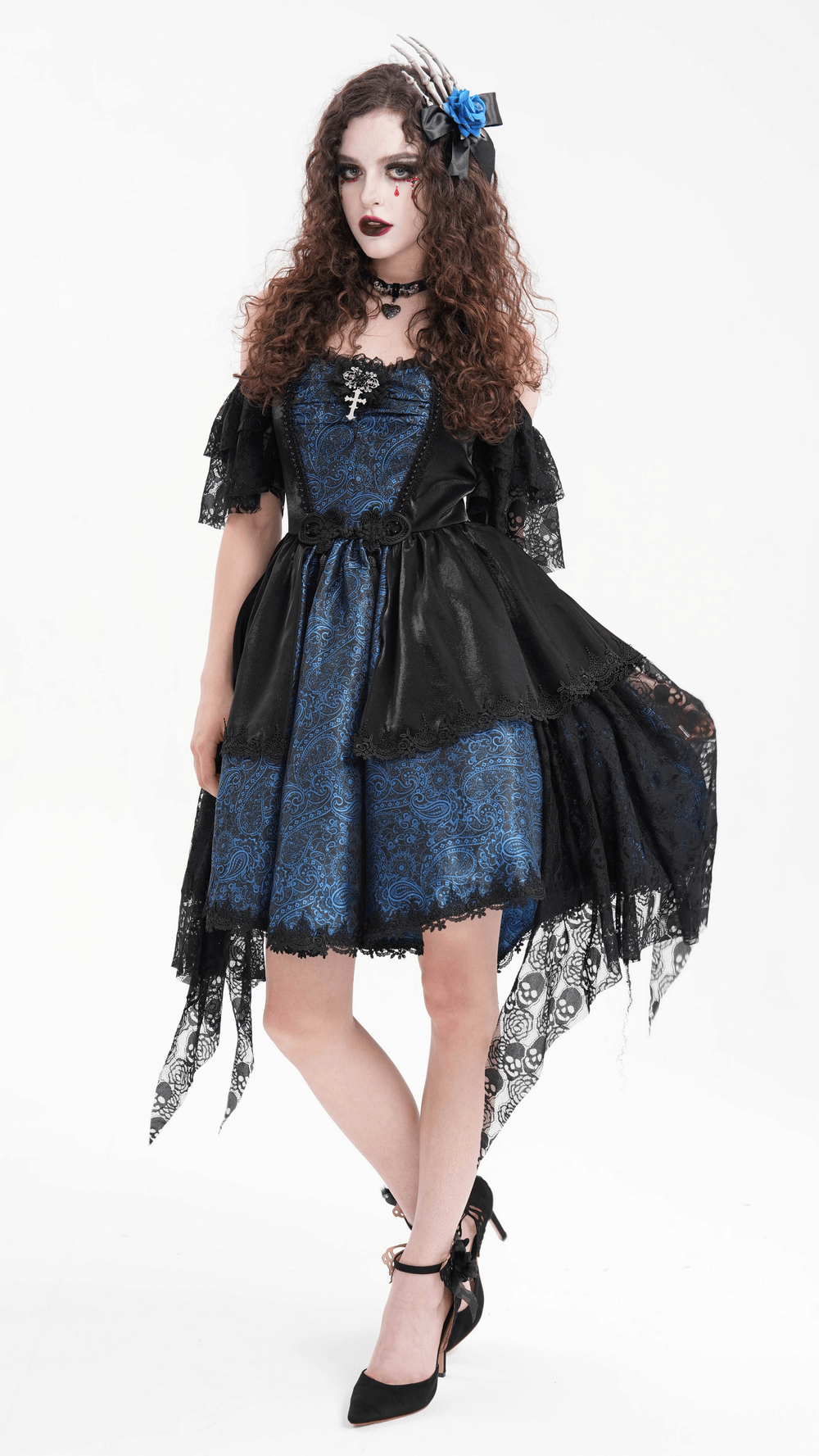 Gothic Lace and Satin Off-Shoulder Dress with Cross Detail - image 13