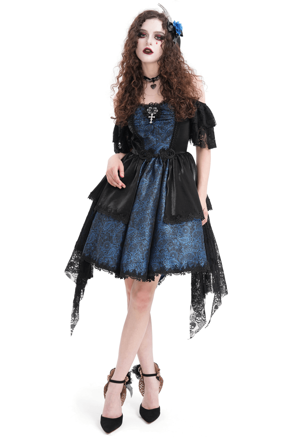 Gothic Lace and Satin Off-Shoulder Dress with Cross Detail - image 1