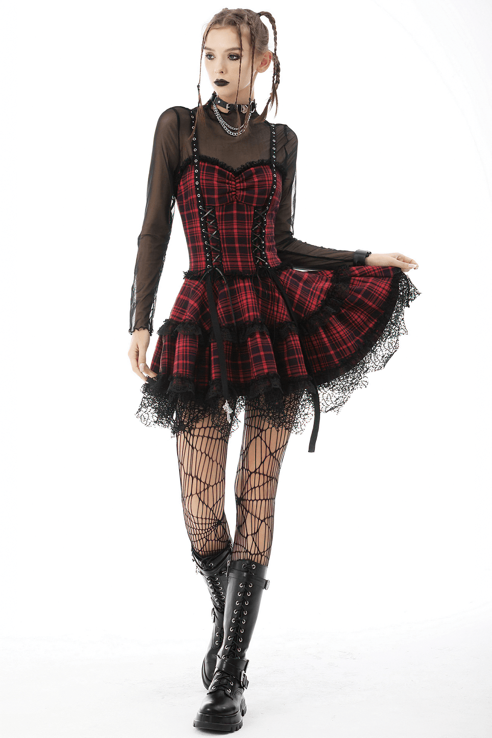 Dark Punk Studded Mini Dress with Black Lace - Goth Emo Grunge - image 15