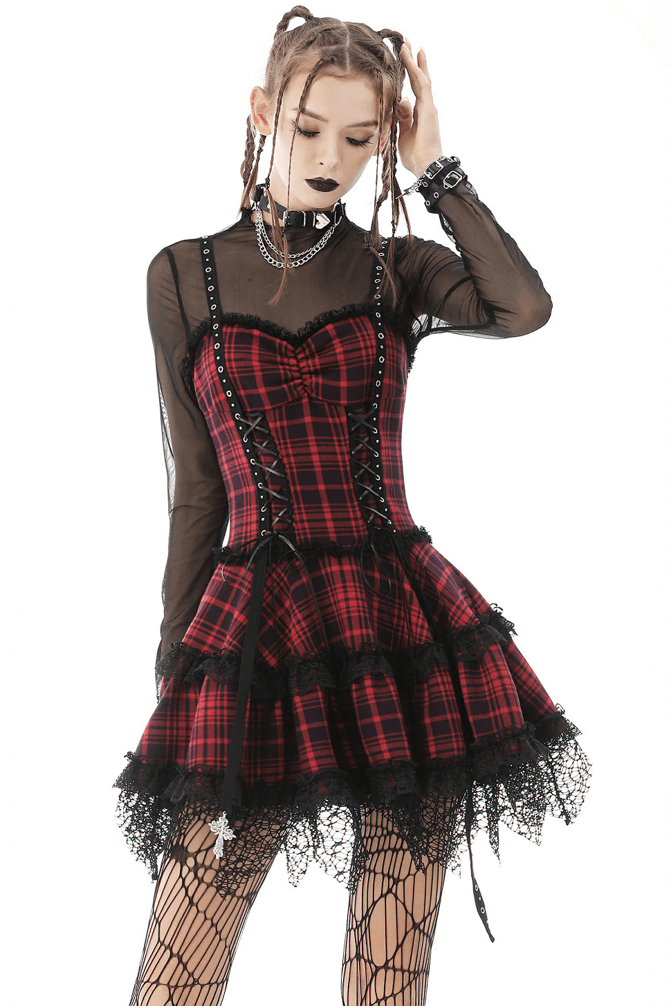 Dark Punk Studded Mini Dress with Black Lace - Goth Emo Grunge - image 1
