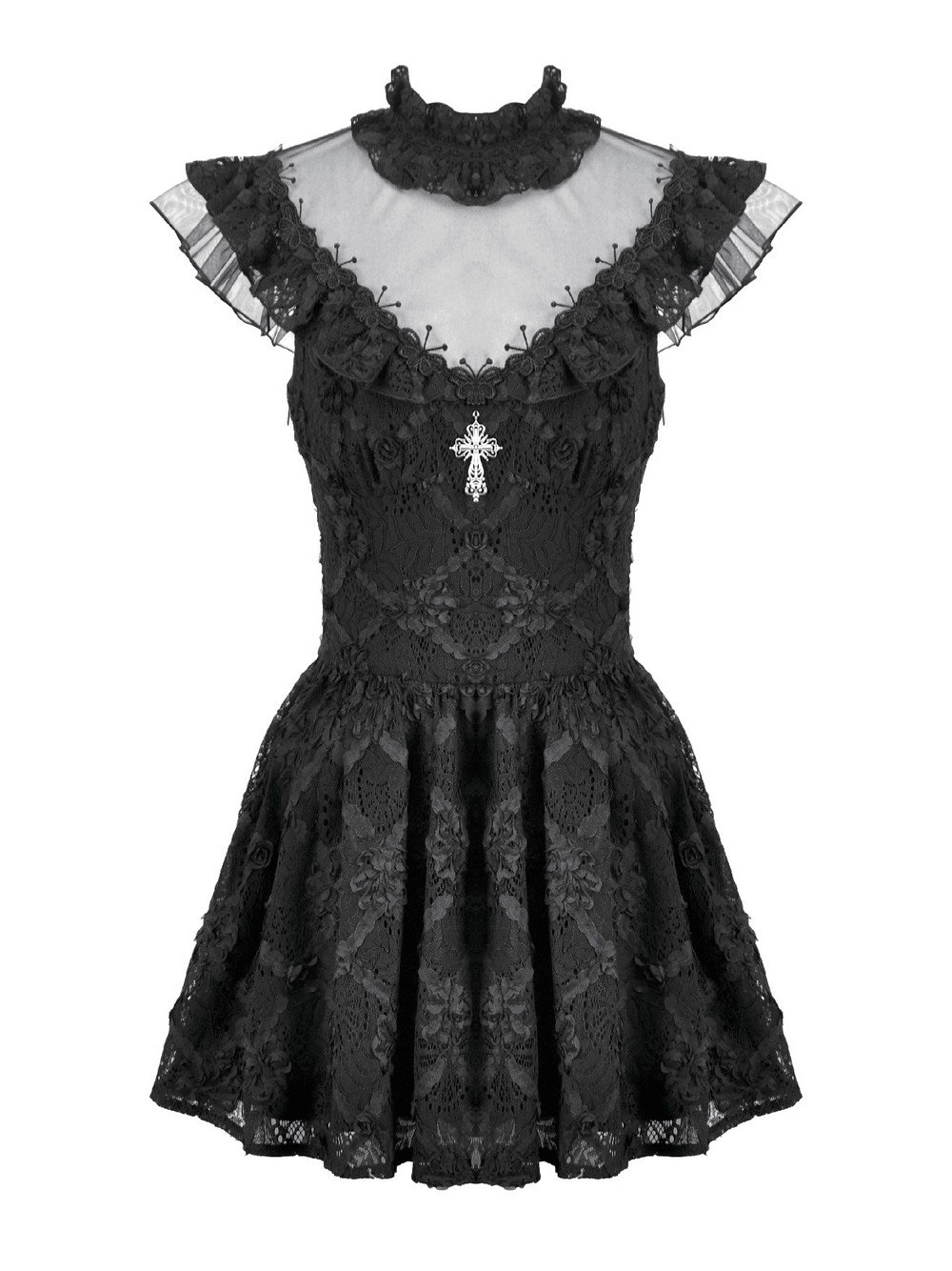 Dark Romantic Lace Mini Dress with Corset Waist and Cross featuring black gothic lace and Victorian ruffle trim.