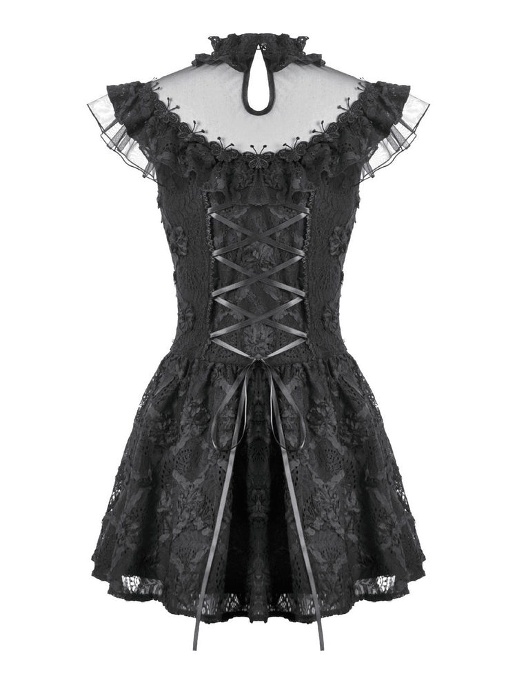 Dark Romantic Lace Mini Dress with Corset Waist and Cross showcasing delicate lace, corset details, and a flared skirt.