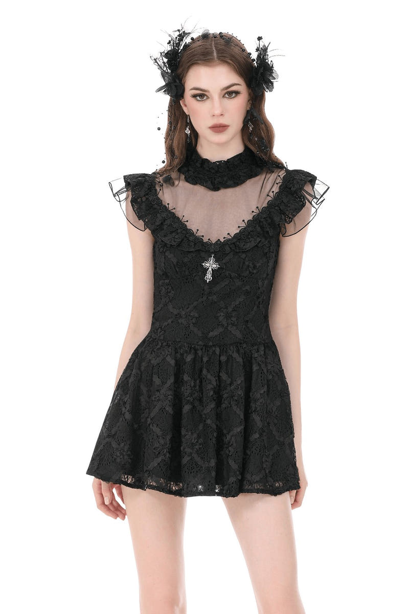 Dark Romantic Lace Mini Dress with Corset Waist and Cross featuring ruffled cap sleeves and a decorative cross pendant.