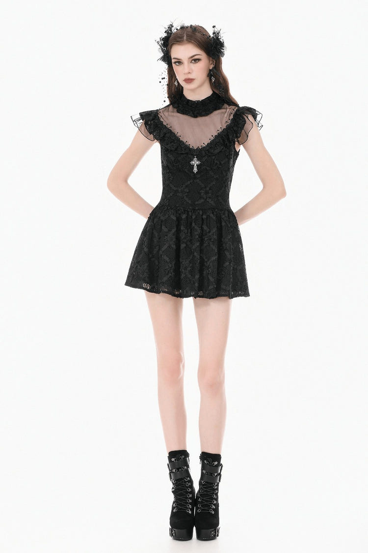 Dark Romantic Lace Mini Dress with Corset Waist and Cross featuring gothic lace and ruffled cap sleeves.