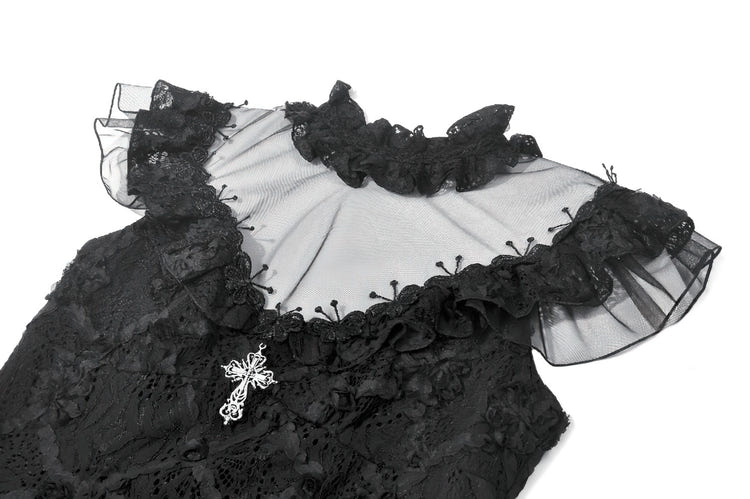 Dark Romantic Lace Mini Dress with Corset Waist and Cross featuring ruffled cap sleeves and floral lace details.