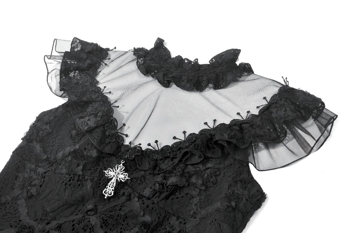 Dark Romantic Lace Mini Dress with Corset Waist and Cross featuring ruffled cap sleeves and floral lace details.