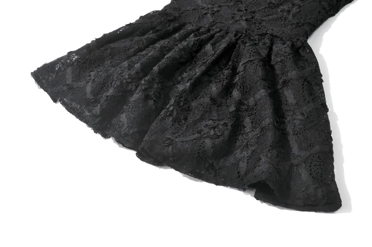 Dark Romantic Lace Mini Dress with Corset Waist and Cross featuring intricate black lace detail and flared trim.