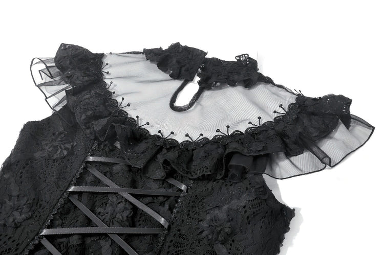 Dark Romantic Lace Mini Dress with Corset Waist and Cross close-up showing intricate lace and ruffle details.