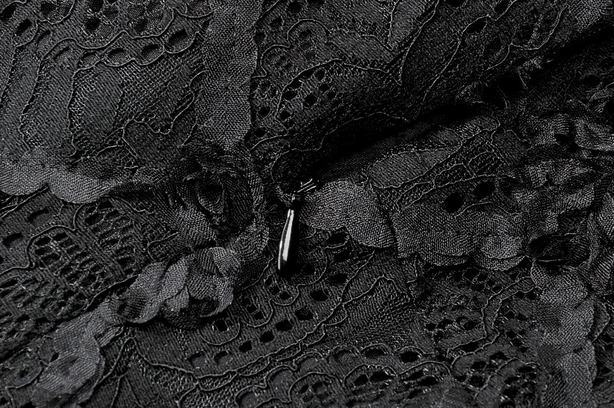 Dark Romantic Lace Mini Dress with Corset Waist and Cross detailed lace fabric close-up.