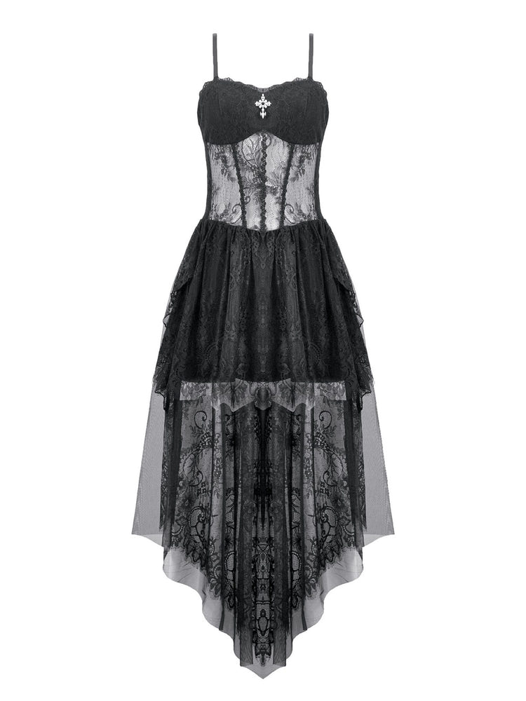 Dark Romantic Mesh Dress with Lace Up Back and Cami Straps featuring a sheer corset bodice and high low mesh skirt.