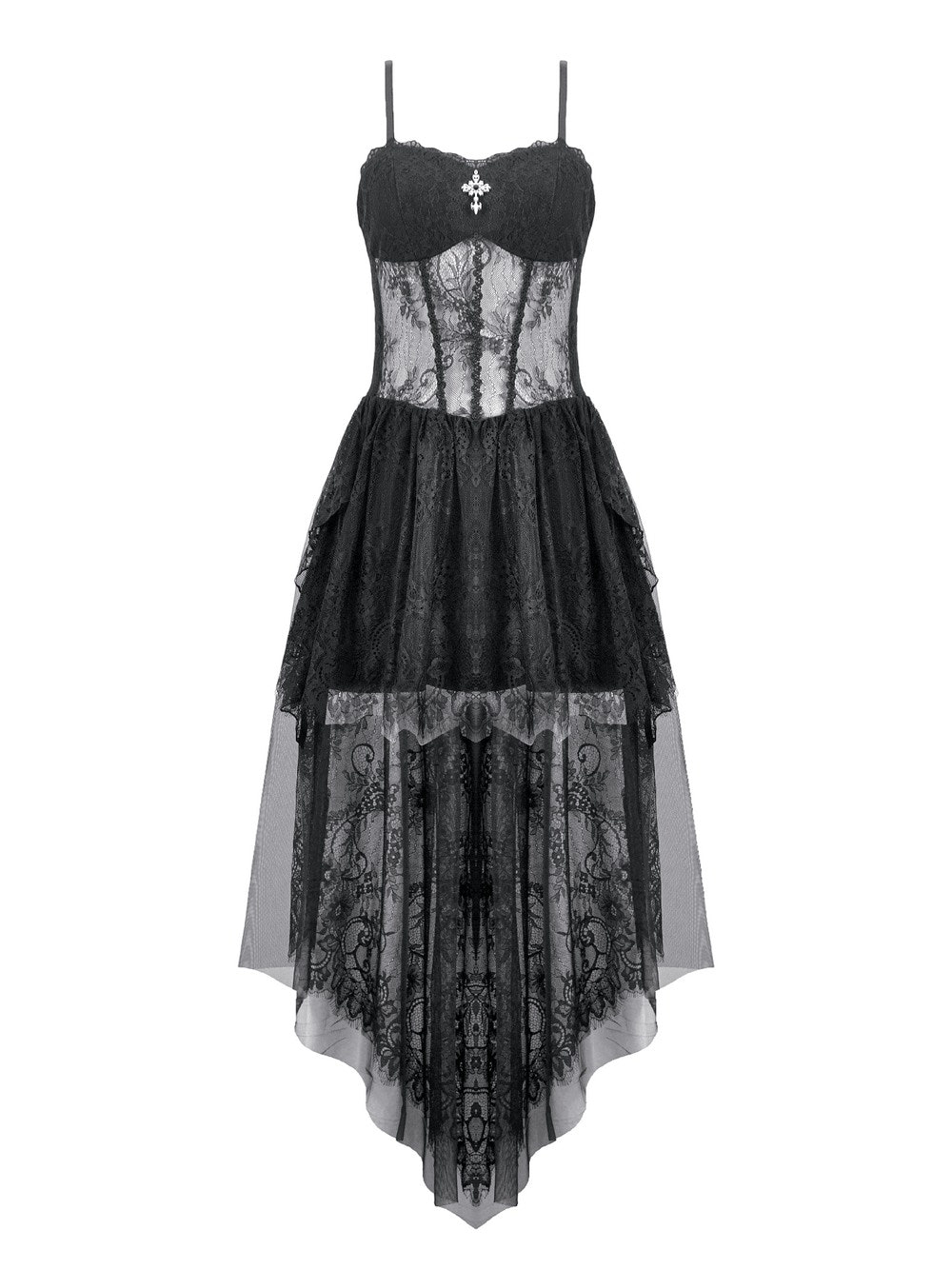 Dark Romantic Mesh Dress with Lace Up Back and Cami Straps featuring a sheer corset bodice and high low mesh skirt.