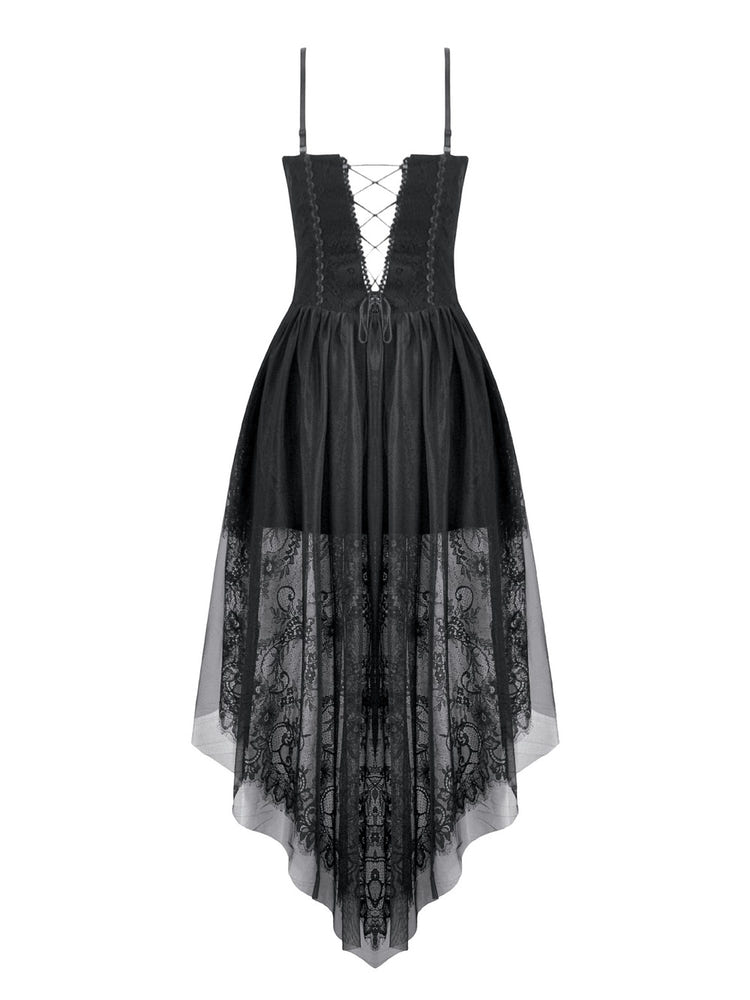 Dark Romantic Mesh Dress with Lace Up Back and Cami Straps featuring a high low design and floral lace details.