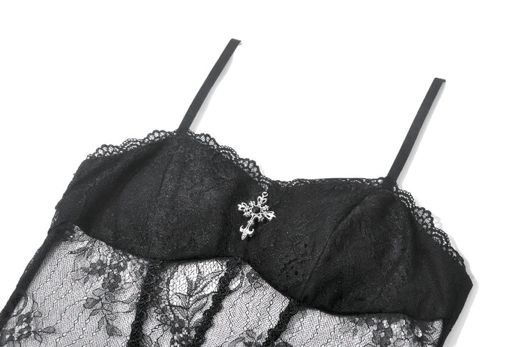 Dark Romantic Mesh Dress with Lace Up Back and Cami Straps with floral lace and cross charm detail.