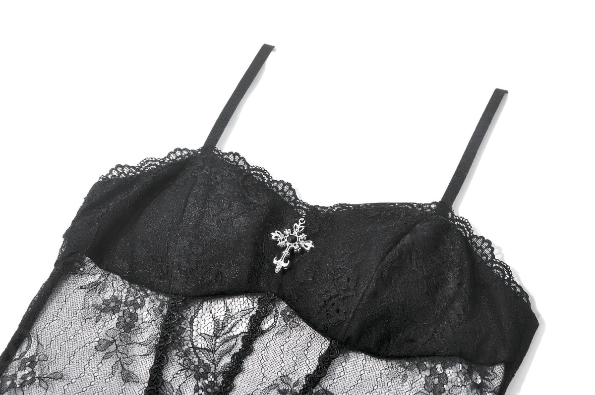 Dark Romantic Mesh Dress with Lace Up Back and Cami Straps with floral lace and cross charm detail.