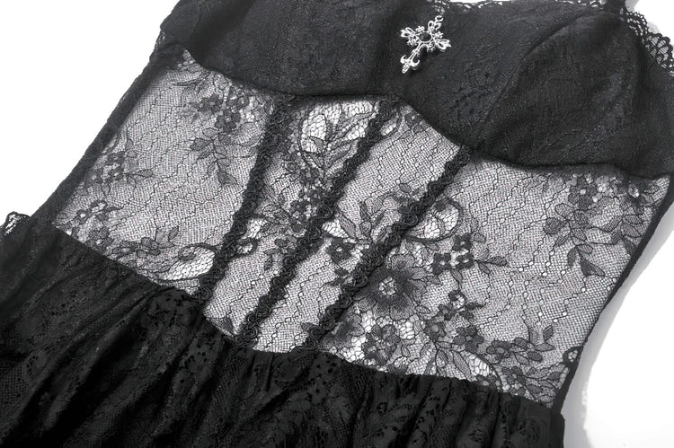 Dark Romantic Mesh Dress with Lace Up Back and Cami Straps showcasing intricate black lace detail and a cross charm.