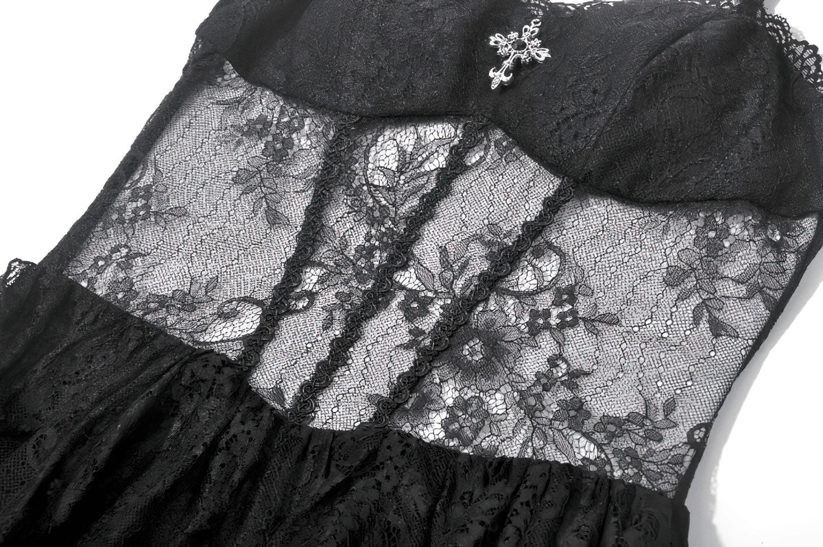 Dark Romantic Mesh Dress with Lace Up Back and Cami Straps showcasing intricate black lace detail and a cross charm.