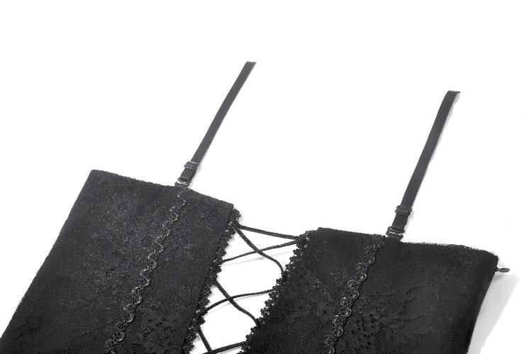 Dark Romantic Mesh Dress with Lace Up Back and Cami Straps featuring sheer corset bodice and black lace detail.
