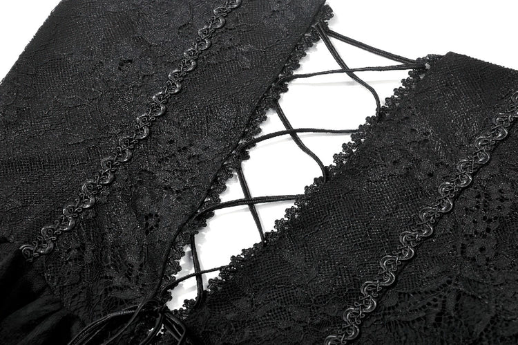 Detail of Dark Romantic Mesh Dress with Lace Up Back and Cami Straps featuring intricate lace and a crisscross back.