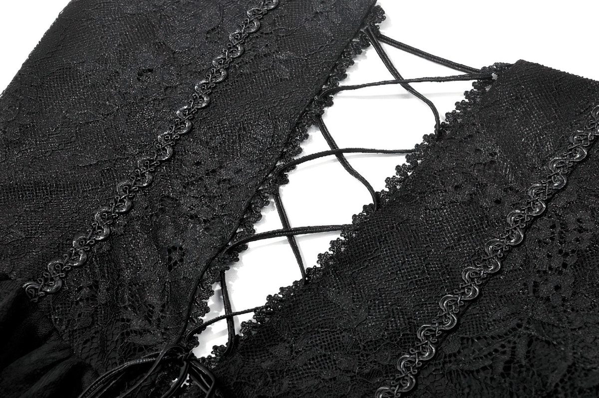 Detail of Dark Romantic Mesh Dress with Lace Up Back and Cami Straps featuring intricate lace and a crisscross back.