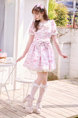Pink [Creamy Berry] Print Short Puff Sleeves Ruffle Bowknot Lace-Up Sweet Jirai Kei Japanese Dress - Product - 2