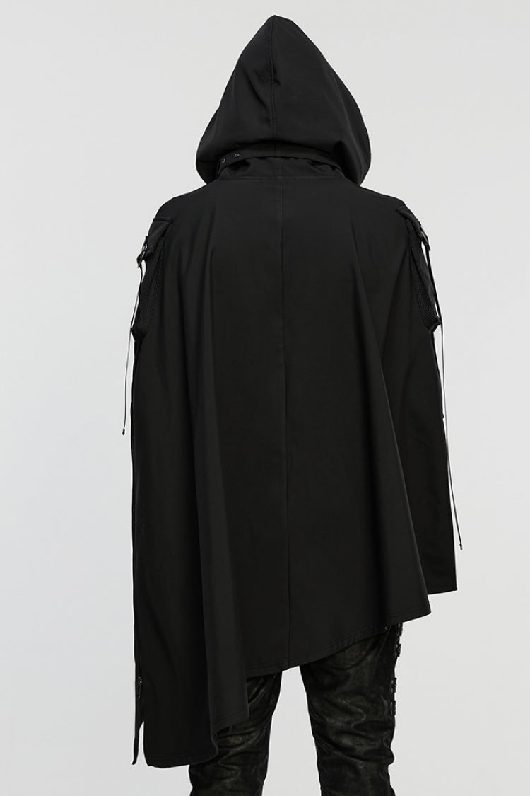 Black Irregular Hooded Buckle Straps Men's Punk Cloak - Product - 3