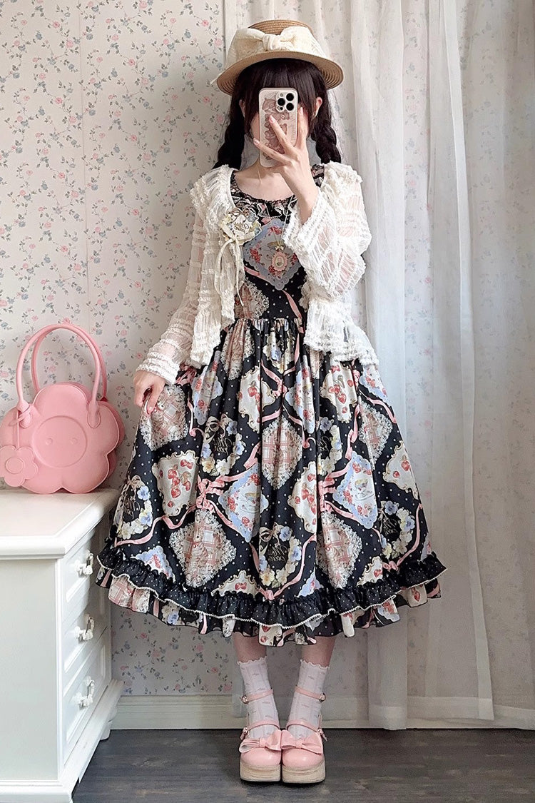 Cat Rose Tea Sleeveless Print Ruffle Bowknot Sweet Lolita Jumper Dress Version2 3 Colors - Product - 14