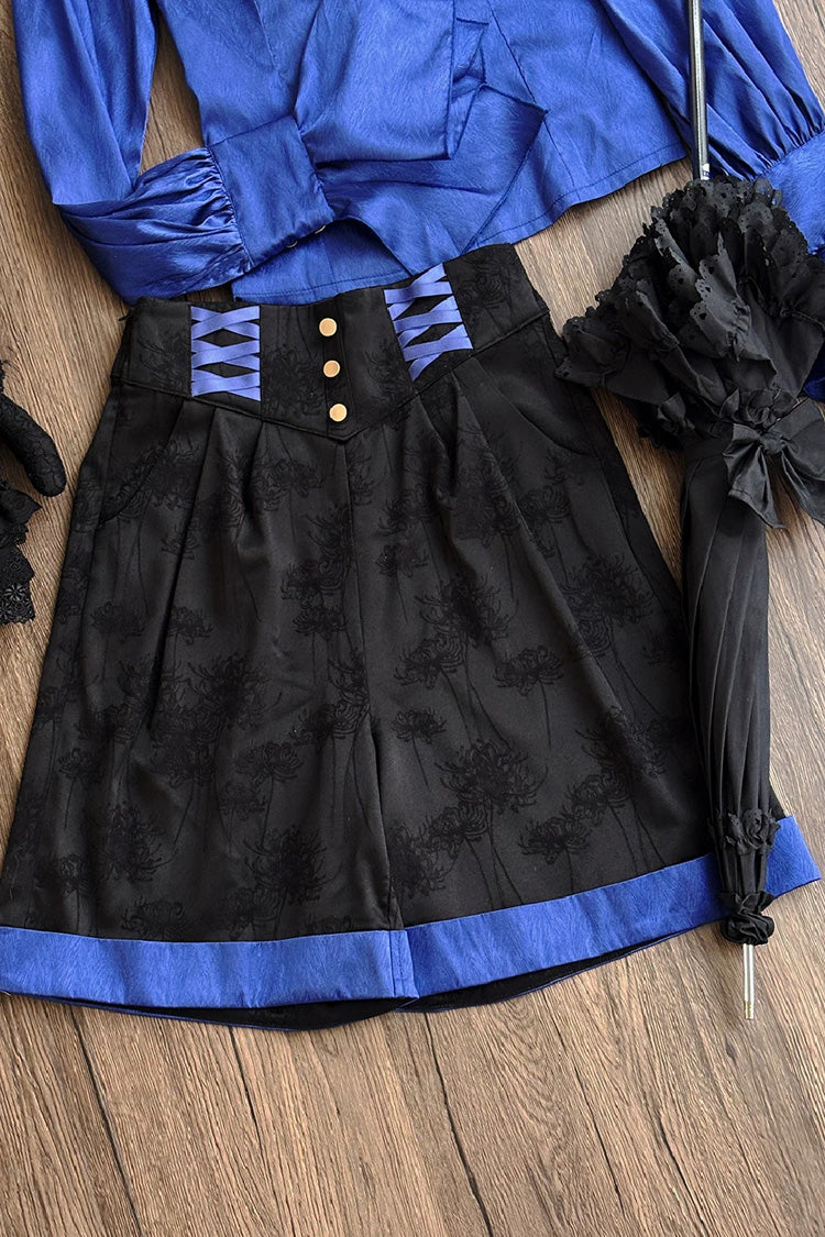 Black/Blue [Moonlit Return] Jacquard Printed Lace-Up Gothic Elegant Ouji Lolita (Blouse/Pants/Shorts/Vest) - Shorts(Only) - 12