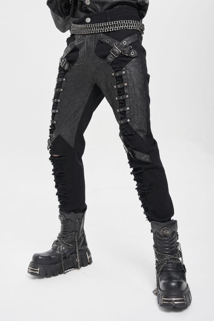 Black Ripped Buckle Straps Men's Punk Pants - Product - 9