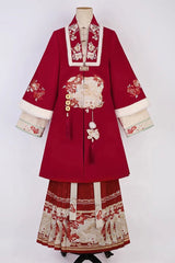 Red Classic Chinese Style V Collar Embroidery Long Sleeves Womens Hanfu Three Piece - Product - 7