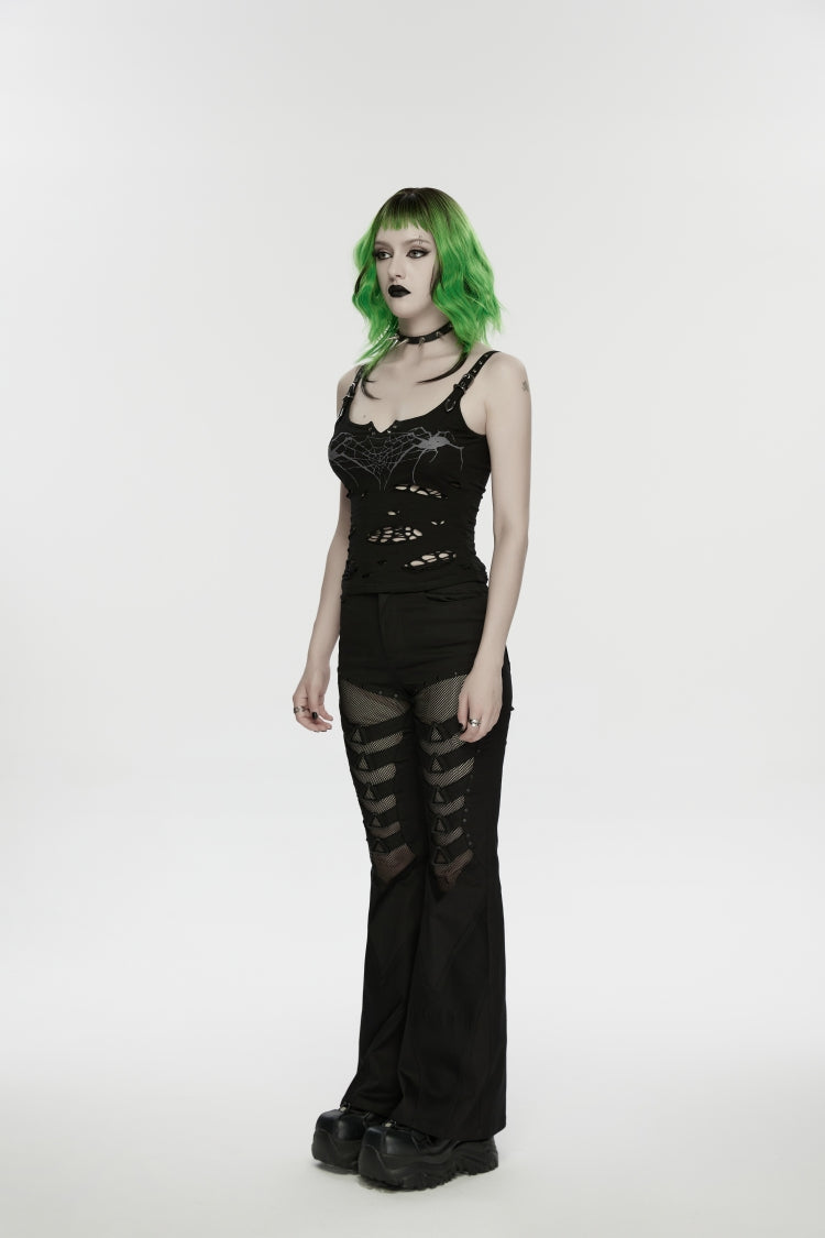 Black Off Shoulder Slim Ripped Buckled Women's Punk Spiders&Web Printed  Vest - Product - 3