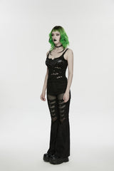 Black Off Shoulder Slim Ripped Buckled Women's Punk Spiders&Web Printed  Vest - Product - 3