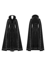 Black Fur Collar Slit Cloak Shape Sleeve Back Waist Lace Up Imitation Cashmere Long Women's Gothic Coat - Product - 4
