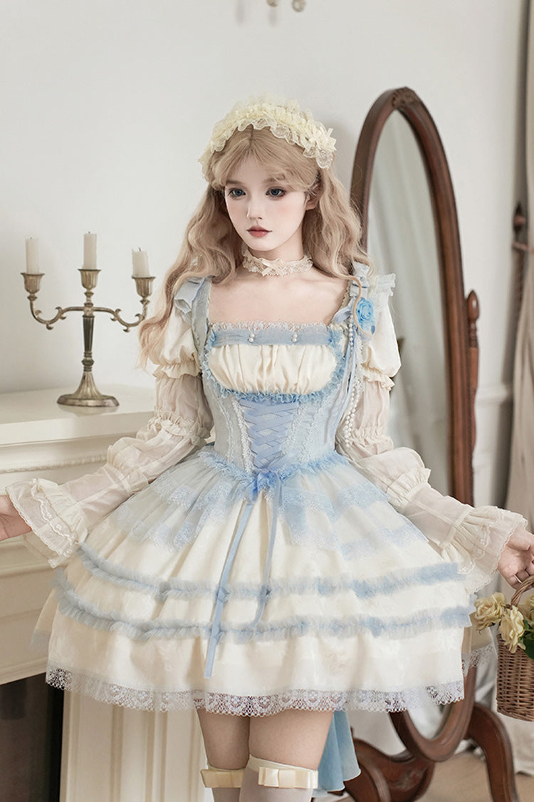 Ivory [Sea Salt Iced Tea] Square Collar Short Sleeves Ruffle Fishbone Sweet Lolita Short Dress - Ivory - 1