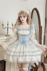 Ivory [Sea Salt Iced Tea] Square Collar Short Sleeves Ruffle Fishbone Sweet Lolita Short Dress - Ivory - 1