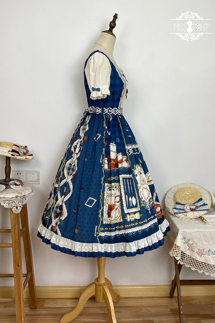 Dark Blue [Tea Party] Short Sleeves Print Ruffle Bowknot Lace Sweet Elegant Lolita Dress - Product - 12