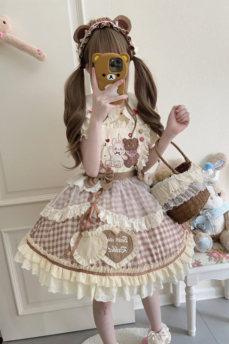 Rabbit Bear Diary Plaid Print Ruffle Bowknot Sweet Lolita Skirt 2 Colors (Blouse Included) - Khaki - 10
